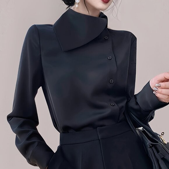 Passion of Essence Tops - Passion Elegant Solid Button Front Asymmetrical Neck Blouse
